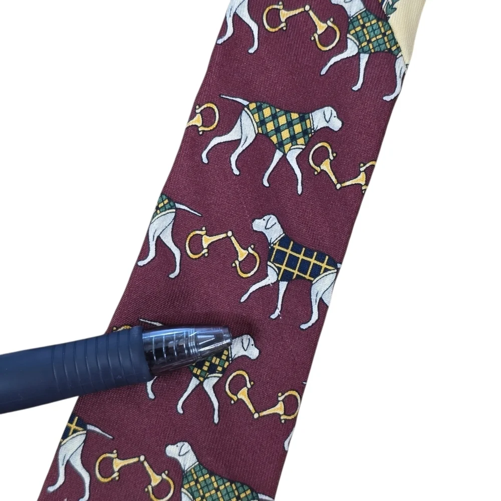 Vtg 90s Tommy Hilfiger Silk Tie Burgundy Hunting Dog Equestrian Crest USA Made